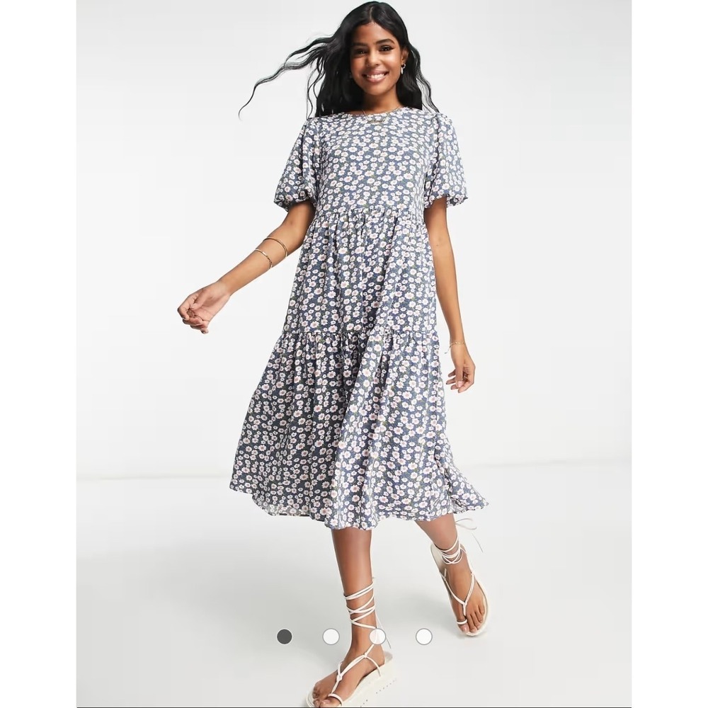 Glamorous tiered midi smock dress‎ with tie back in blue base daisy Size 6